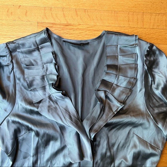 BCBGMAXAZRIA gun metal satin short sleeved blouse with ruffle detail - Picture 4 of 8